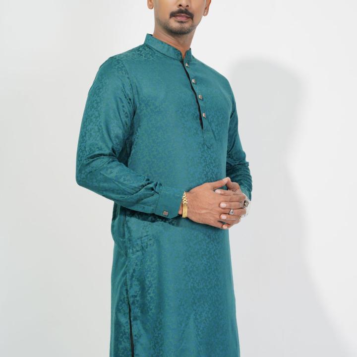 Emerald Teal Jacquard Panjabi with Elegant Gloss Finish