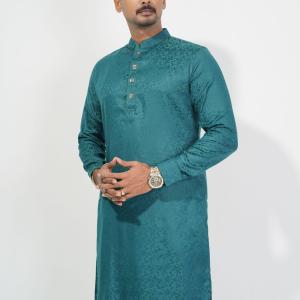 Emerald Teal Jacquard Panjabi with Elegant Gloss Finish