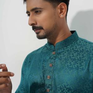 Emerald Teal Jacquard Panjabi with Elegant Gloss Finish